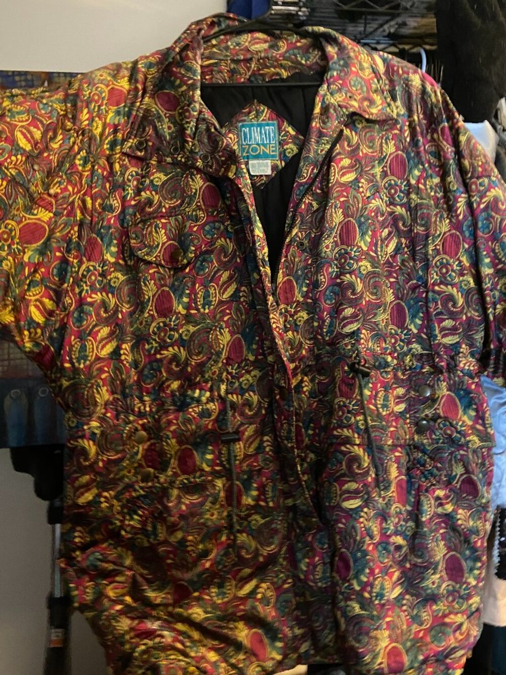 Vintage Climate Zone quilted jacket features a vibrant multicolor paisley print